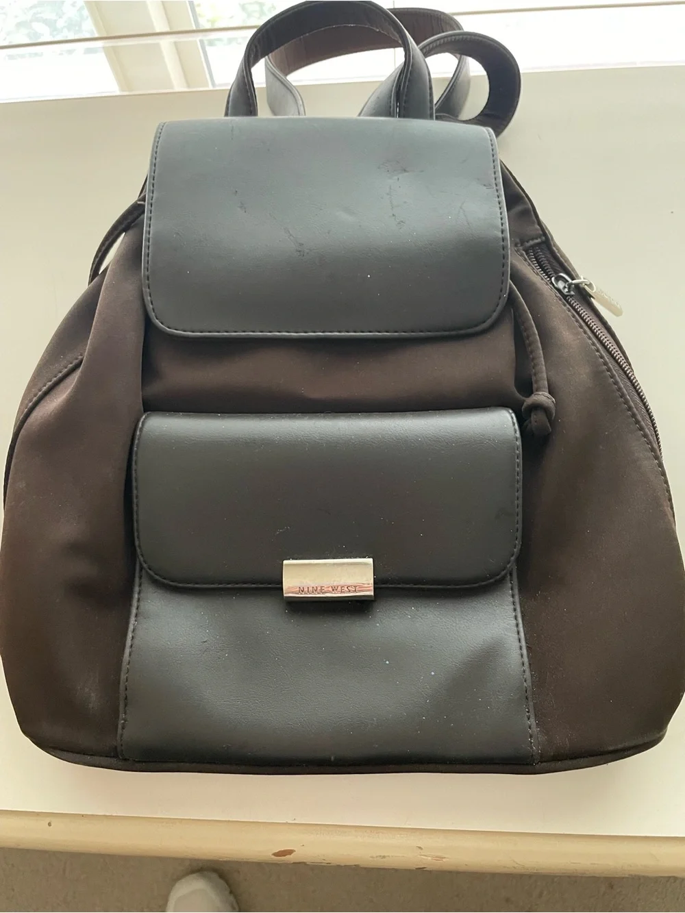 Nine West Dark Brown Microfiber and Faux-Leather & Backpack Purse